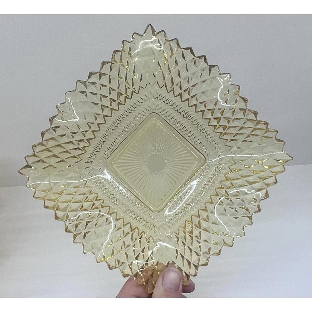 Vintage Indiana Glass Diamond Point Ruffled Square Candy Dish Amber Yellow 6.5"